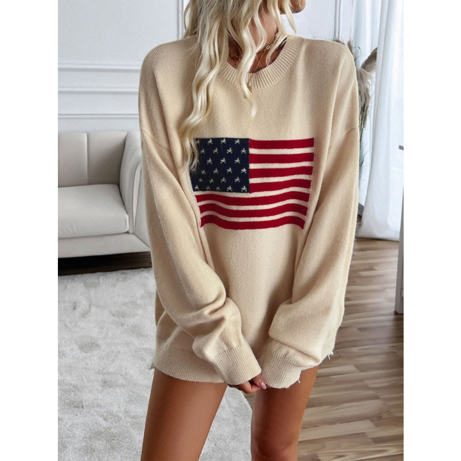 Devine US Flag Round Neck Long Sleeve Knit Top Beige / S Apparel and Accessories