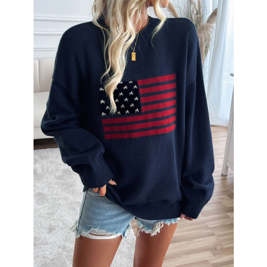 Devine US Flag Round Neck Long Sleeve Knit Top Dark Blue / S Apparel and Accessories