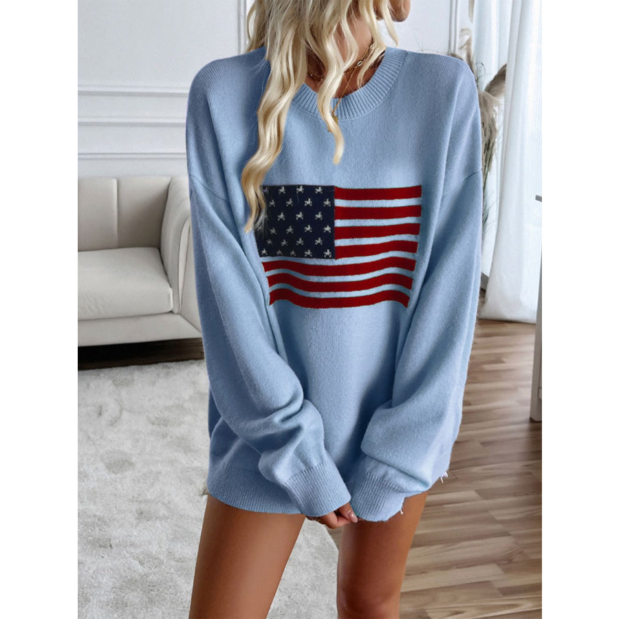 Devine US Flag Round Neck Long Sleeve Knit Top Light Blue / S Apparel and Accessories