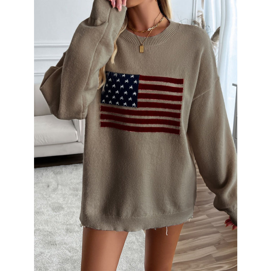 Devine US Flag Round Neck Long Sleeve Knit Top Mocha / S Apparel and Accessories