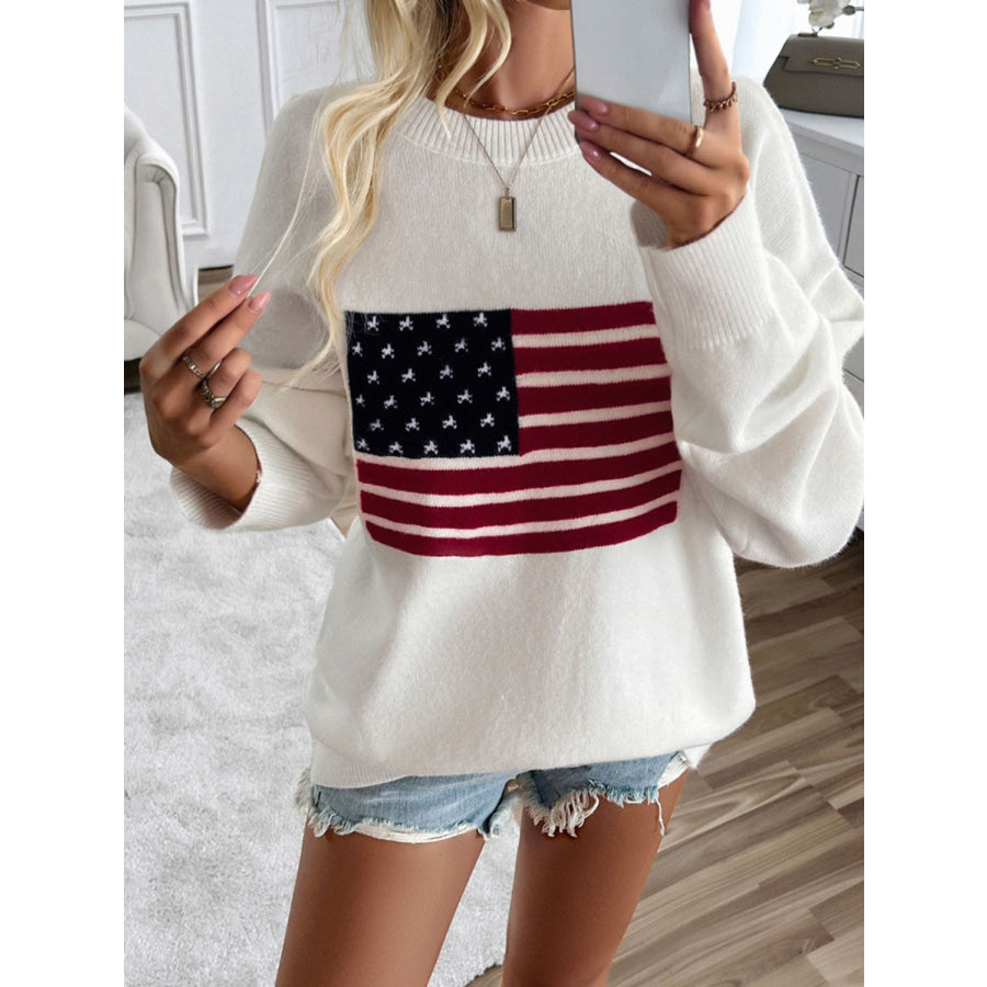 Devine US Flag Round Neck Long Sleeve Knit Top White / S Apparel and Accessories