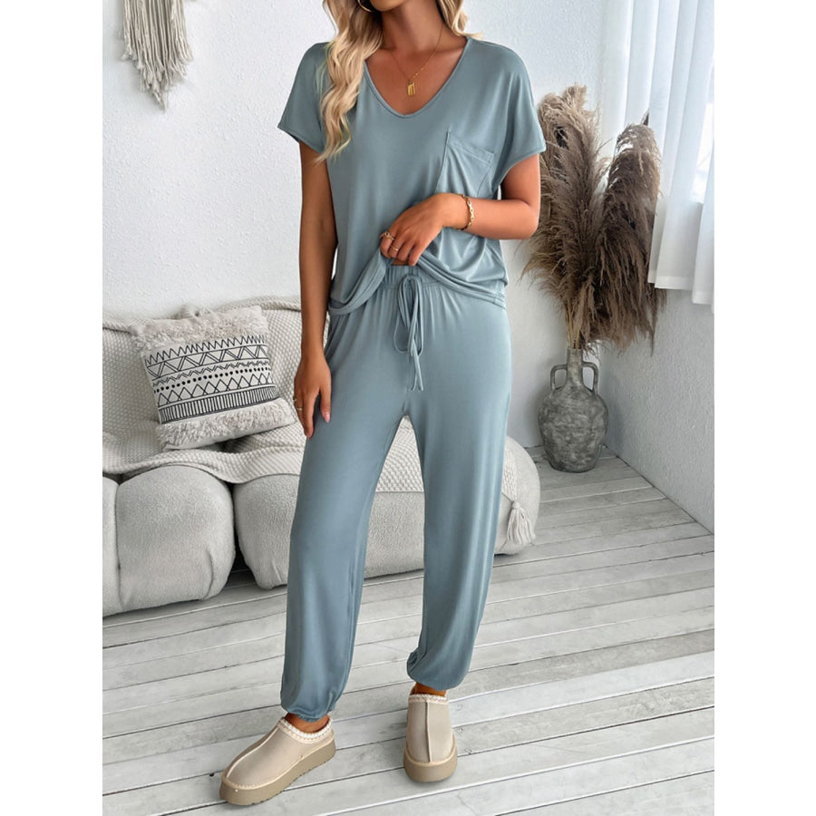 Devine V-Neck Short Sleeve Top and Pants Set Apparel and Accessories