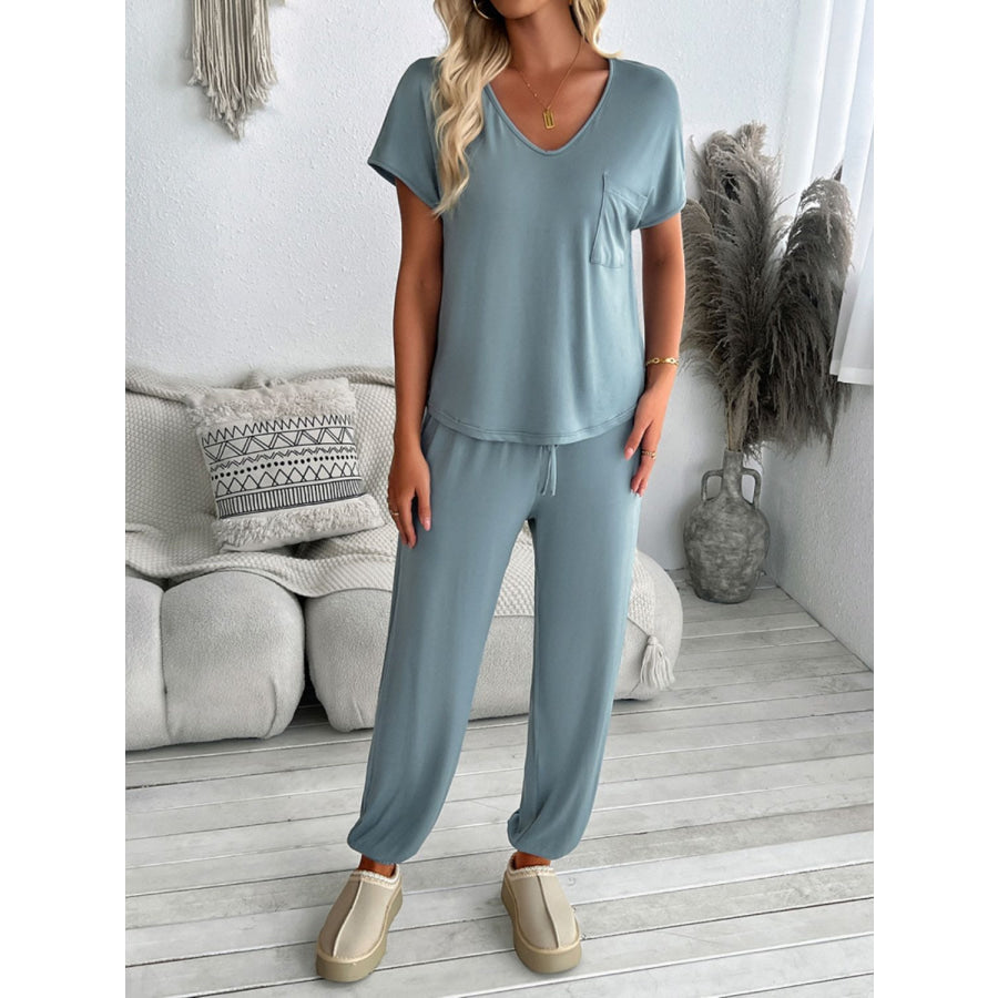 Devine V-Neck Short Sleeve Top and Pants Set Apparel and Accessories