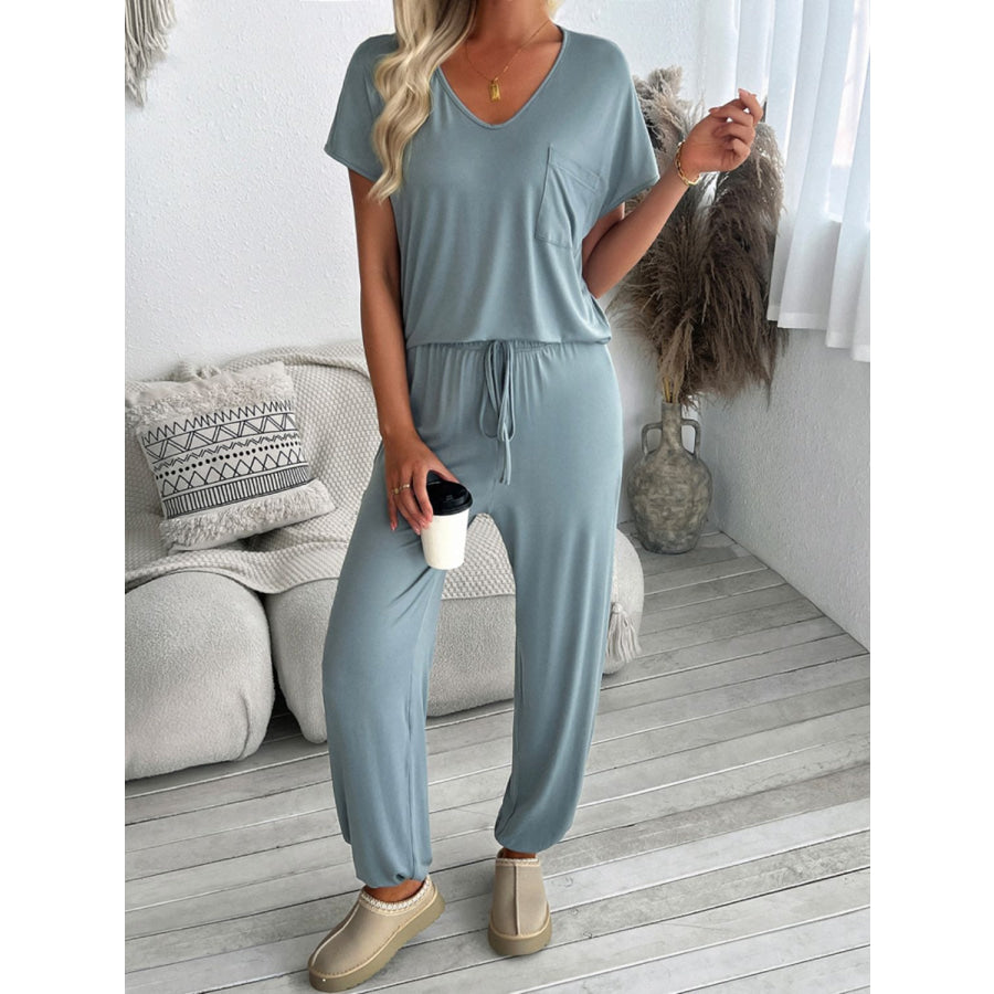 Devine V-Neck Short Sleeve Top and Pants Set Apparel and Accessories