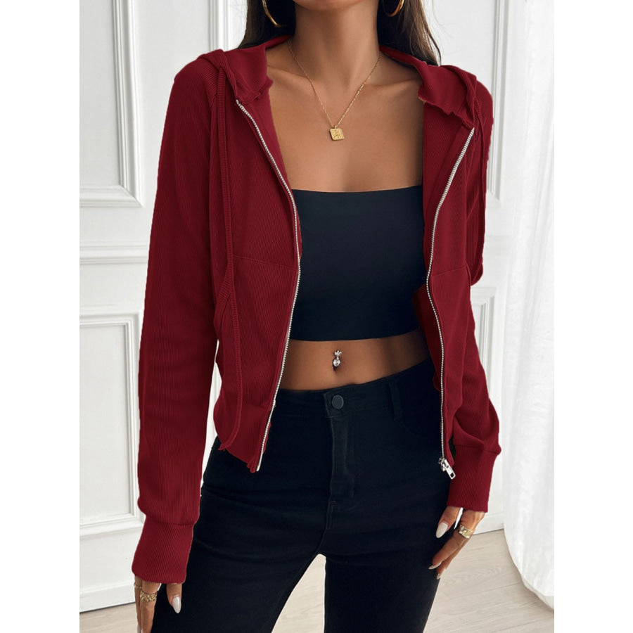 Devine Zip Up Long Sleeve Hooded Outerwear Burgundy / S Apparel and Accessories