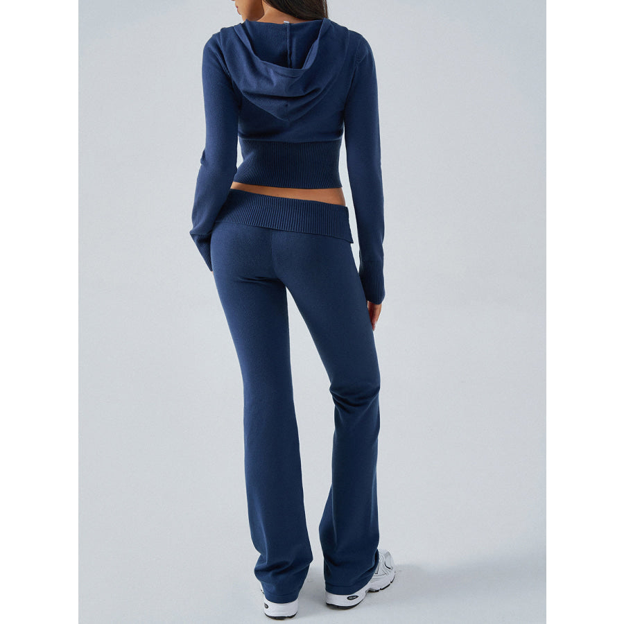 Devine Zip Up Long Sleeve Hooded Top and Pants Sweater Set Dark Blue / S Apparel and Accessories