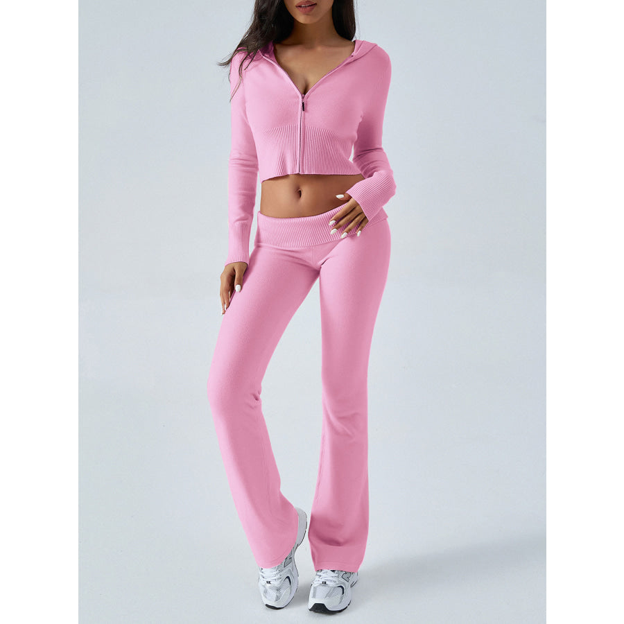 Devine Zip Up Long Sleeve Hooded Top and Pants Sweater Set Pink / S Apparel and Accessories