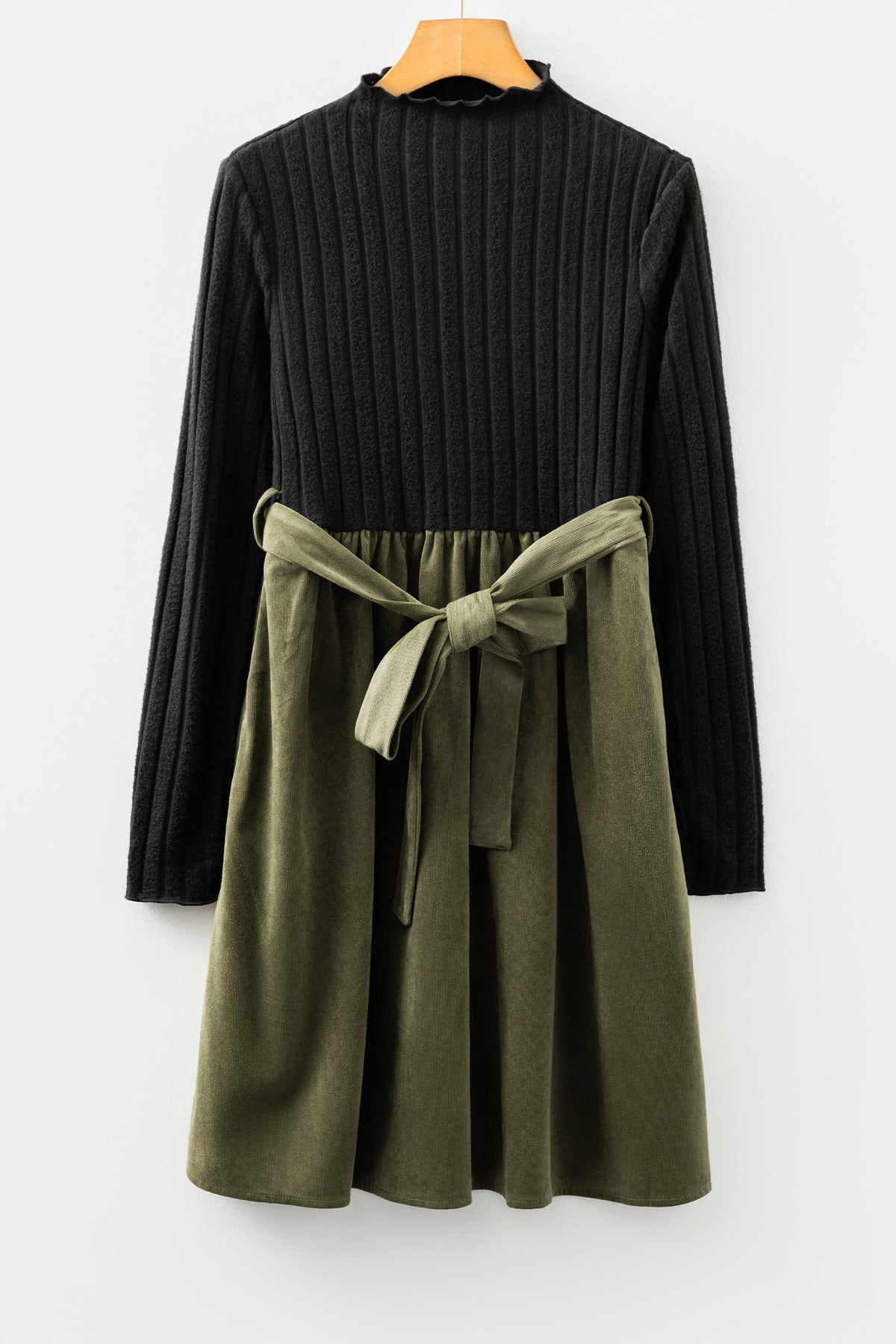 Black Ribbed Knit Slim Bodice Contrast Flared Skirt Patchwork Belted Dress