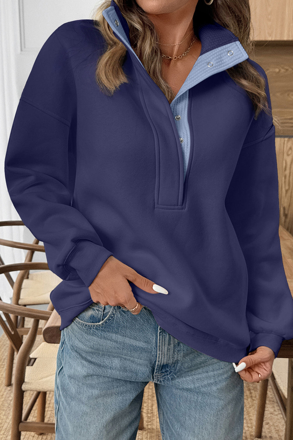 Blue Drop Shoulder Metal Button Casual Pullover Sweatshirt