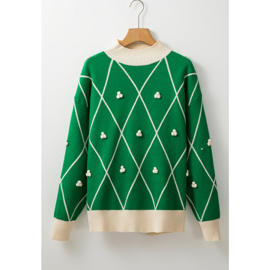 Diamond Pattern Contrast Trim Mock Neck Sweater Apparel and Accessories