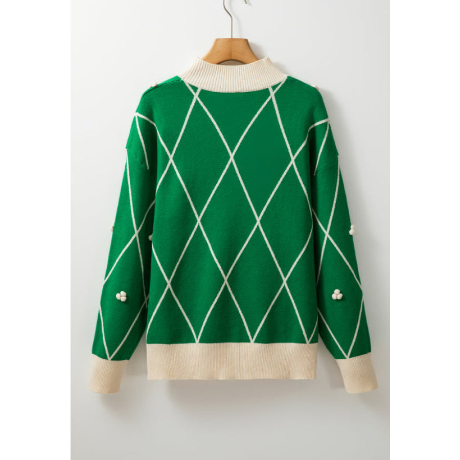 Diamond Pattern Contrast Trim Mock Neck Sweater Apparel and Accessories