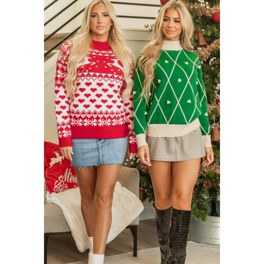 Diamond Pattern Contrast Trim Mock Neck Sweater Apparel and Accessories