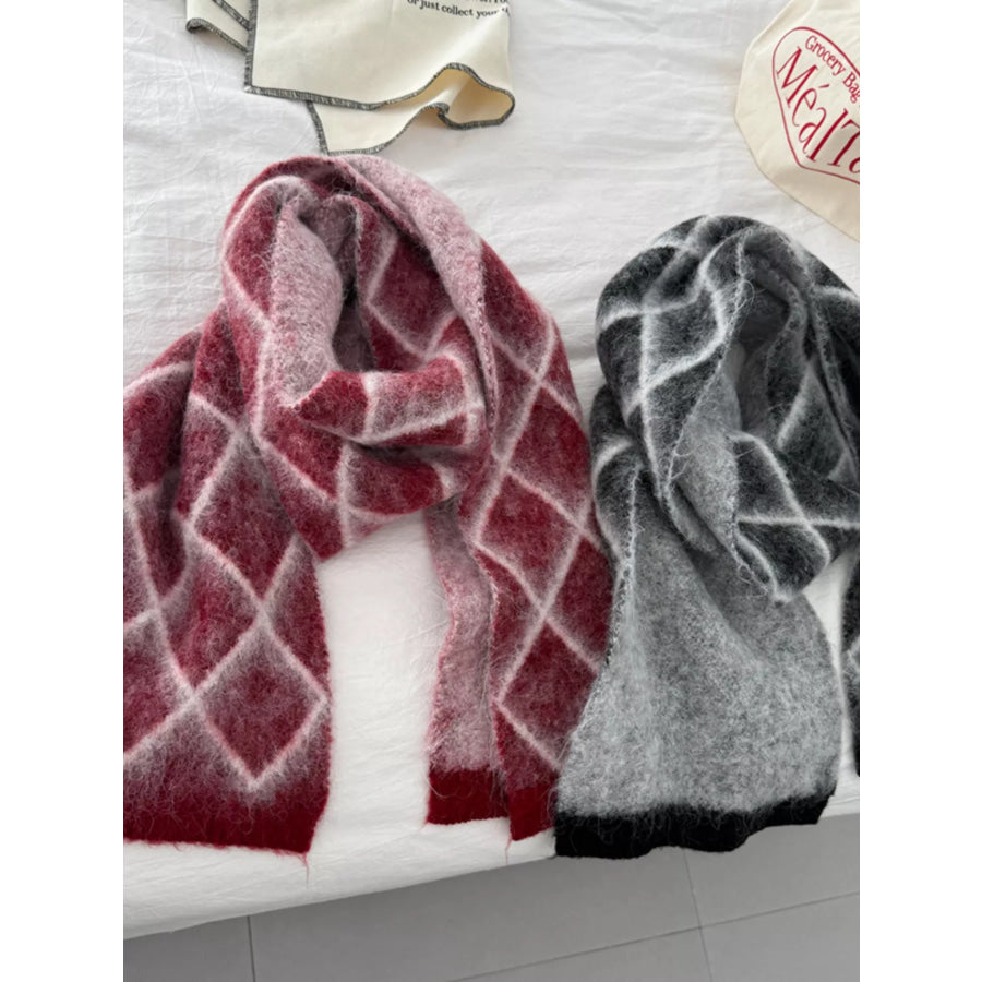 Diamond Pattern Fuzzy Knit Scarf Apparel and Accessories