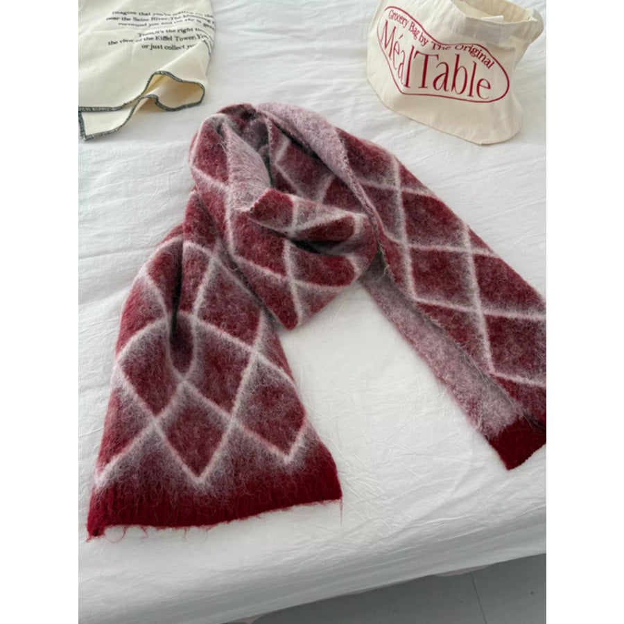 Diamond Pattern Fuzzy Knit Scarf Apparel and Accessories
