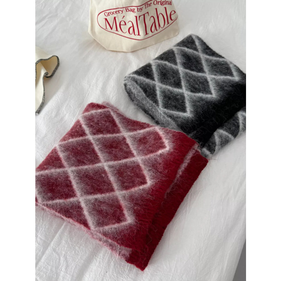 Diamond Pattern Fuzzy Knit Scarf Apparel and Accessories