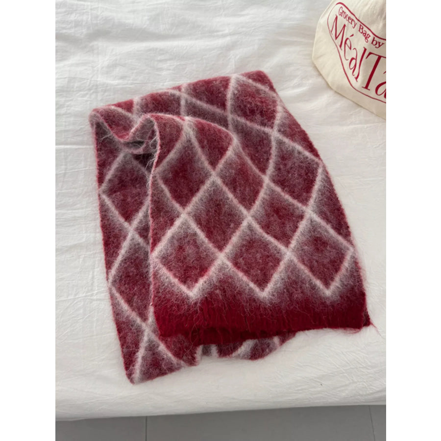Diamond Pattern Fuzzy Knit Scarf Apparel and Accessories