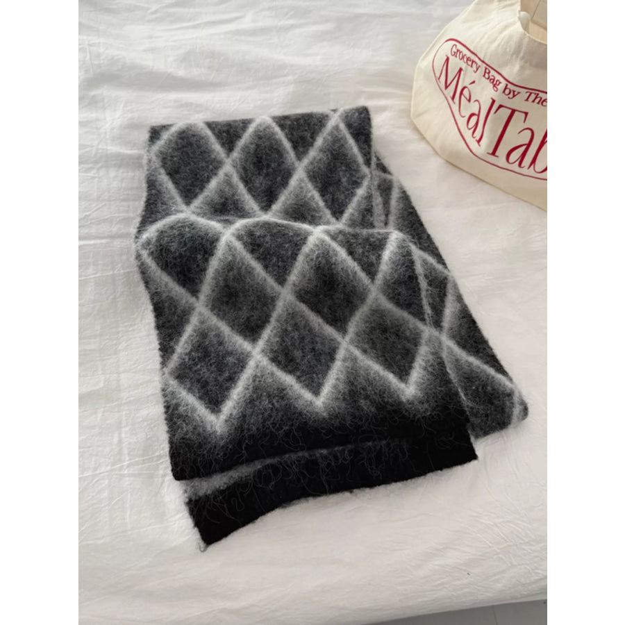 Diamond Pattern Fuzzy Knit Scarf Black / ONESIZE Apparel and Accessories