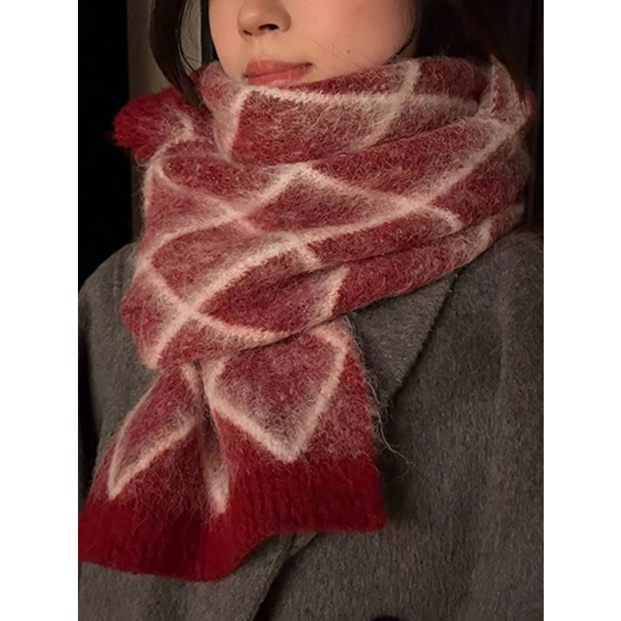 Diamond Pattern Fuzzy Knit Scarf Red / ONESIZE Apparel and Accessories