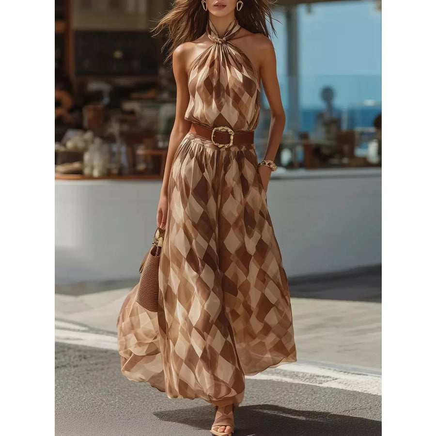 Diamond Pattern Halter Neck Maxi Dress Brown / S Apparel and Accessories