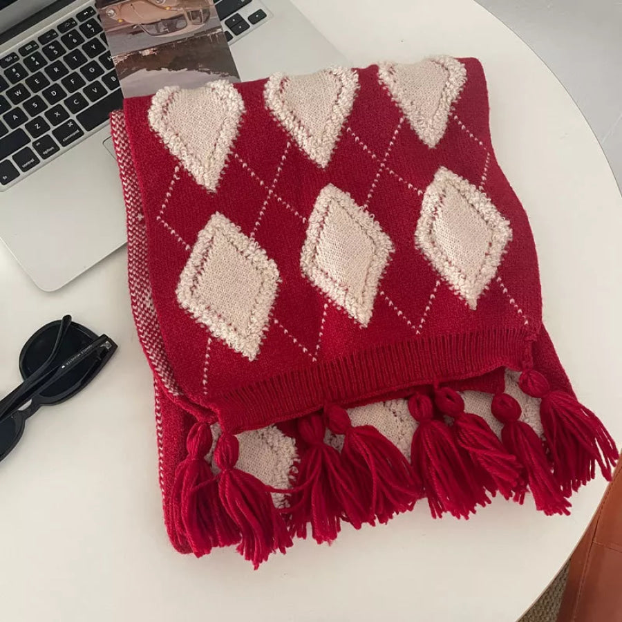 Diamond Pattern Knitted Tassel Scarf Red / One Size Apparel and Accessories
