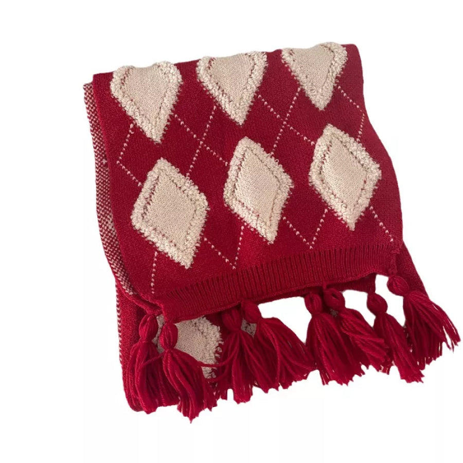 Diamond Pattern Knitted Tassel Scarf Red / One Size Apparel and Accessories