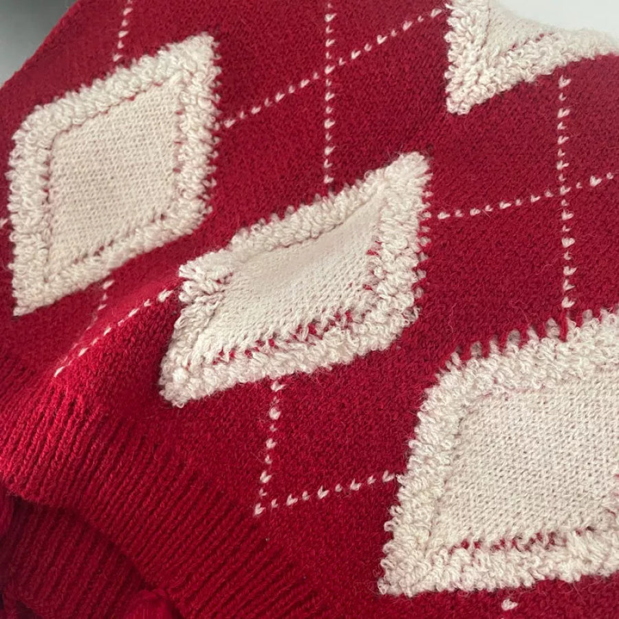 Diamond Pattern Knitted Tassel Scarf Red / One Size Apparel and Accessories