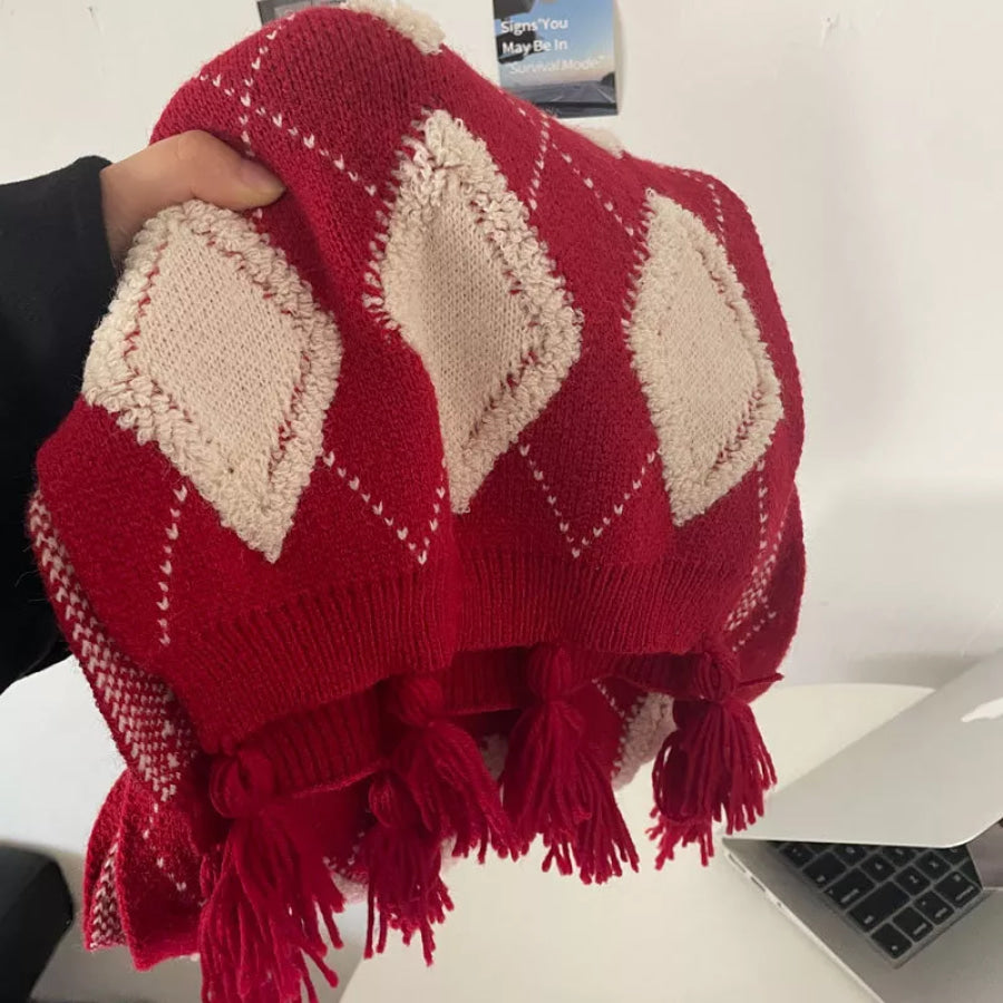 Diamond Pattern Knitted Tassel Scarf Red / One Size Apparel and Accessories