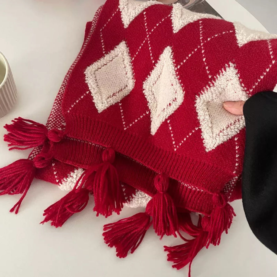 Diamond Pattern Knitted Tassel Scarf Red / One Size Apparel and Accessories