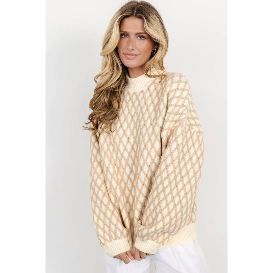 Diamond Pattern Mock Neck Long Sleeve Sweater Apparel and Accessories