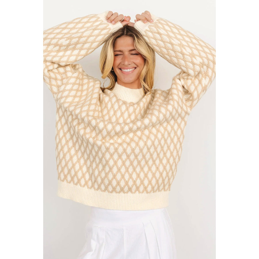 Diamond Pattern Mock Neck Long Sleeve Sweater Apparel and Accessories