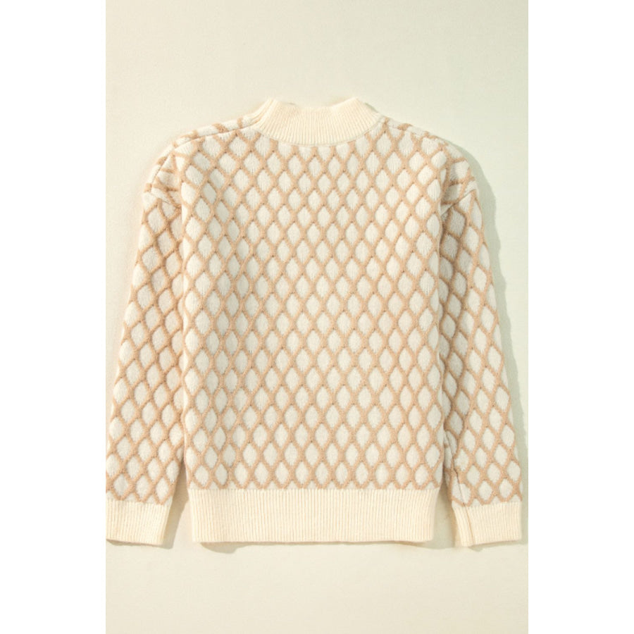 Diamond Pattern Mock Neck Long Sleeve Sweater Apparel and Accessories