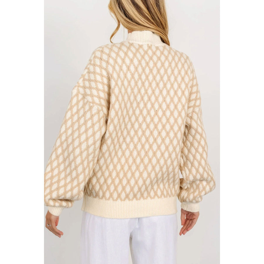 Diamond Pattern Mock Neck Long Sleeve Sweater Apparel and Accessories