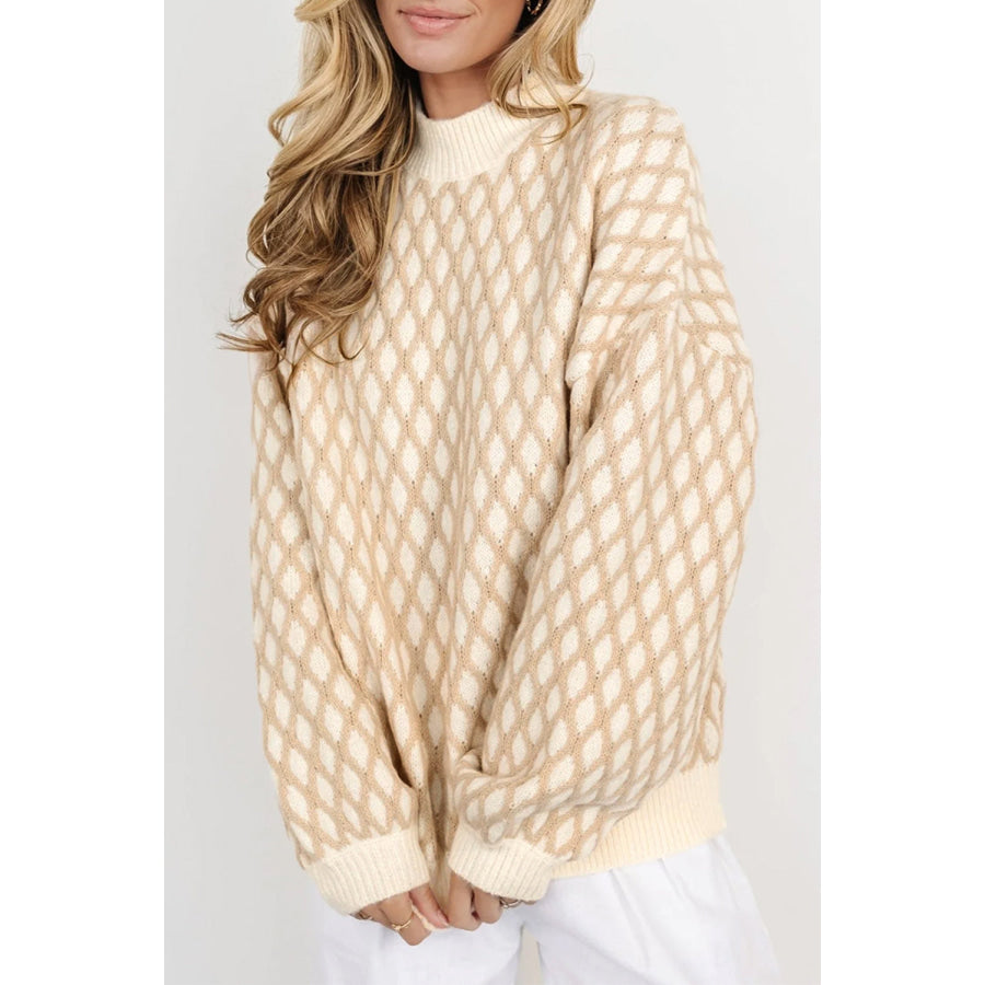 Diamond Pattern Mock Neck Long Sleeve Sweater Cream / S Apparel and Accessories