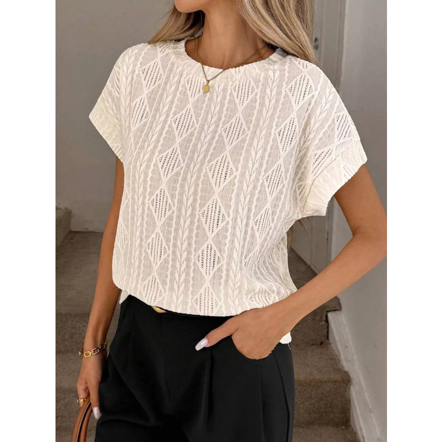 Diamond Pattern Round Neck Top Beige / S Apparel and Accessories