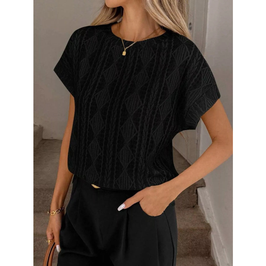 Diamond Pattern Round Neck Top Black / S Apparel and Accessories