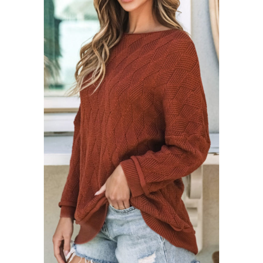 Diamond Round Neck Dropped Shoulder Sweater Apparel and Accessories