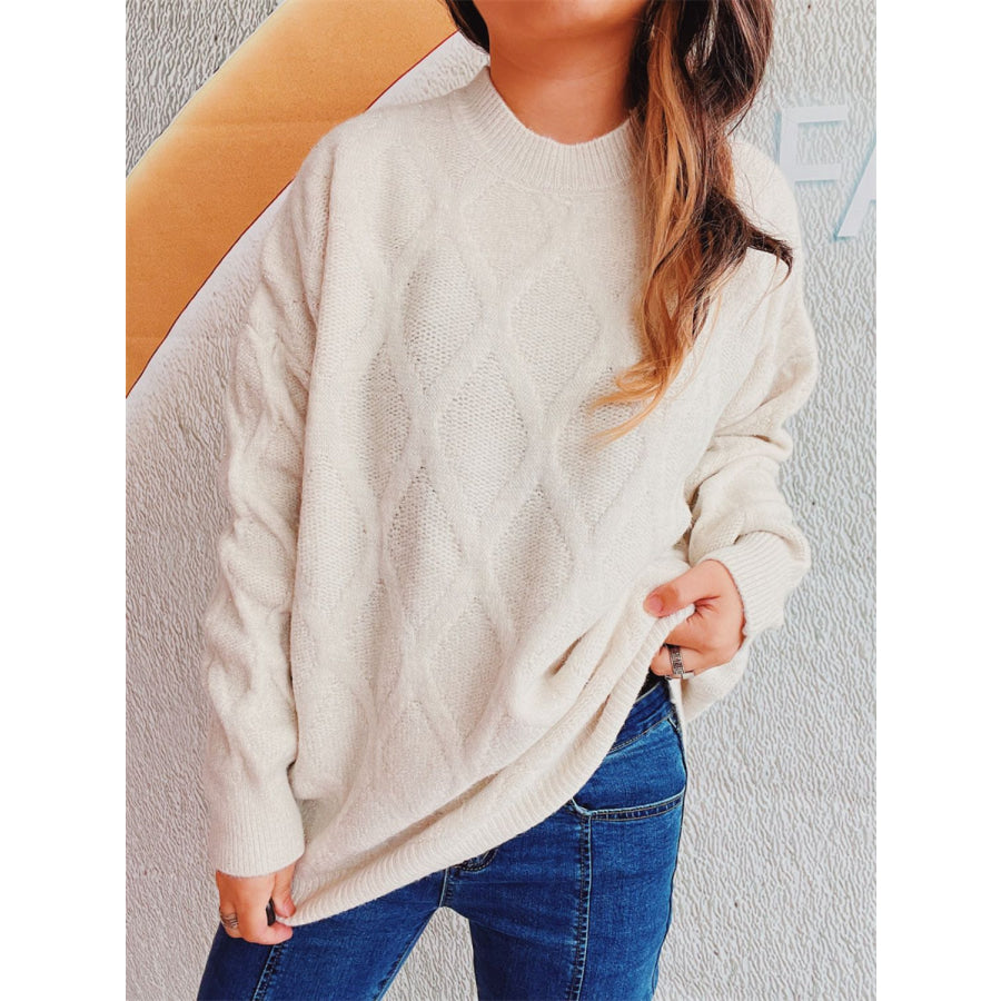 Diamond Round Neck Long Sleeve Sweater Beige / One Size Apparel and Accessories