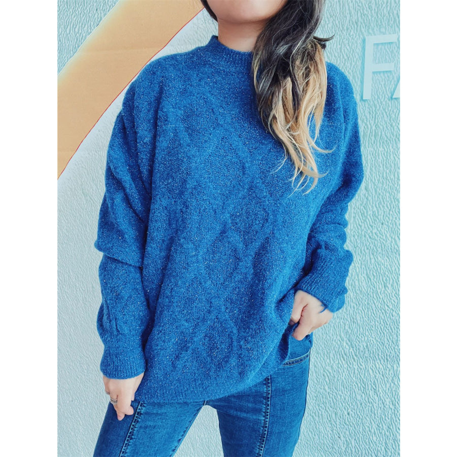 Diamond Round Neck Long Sleeve Sweater Blue / One Size Apparel and Accessories