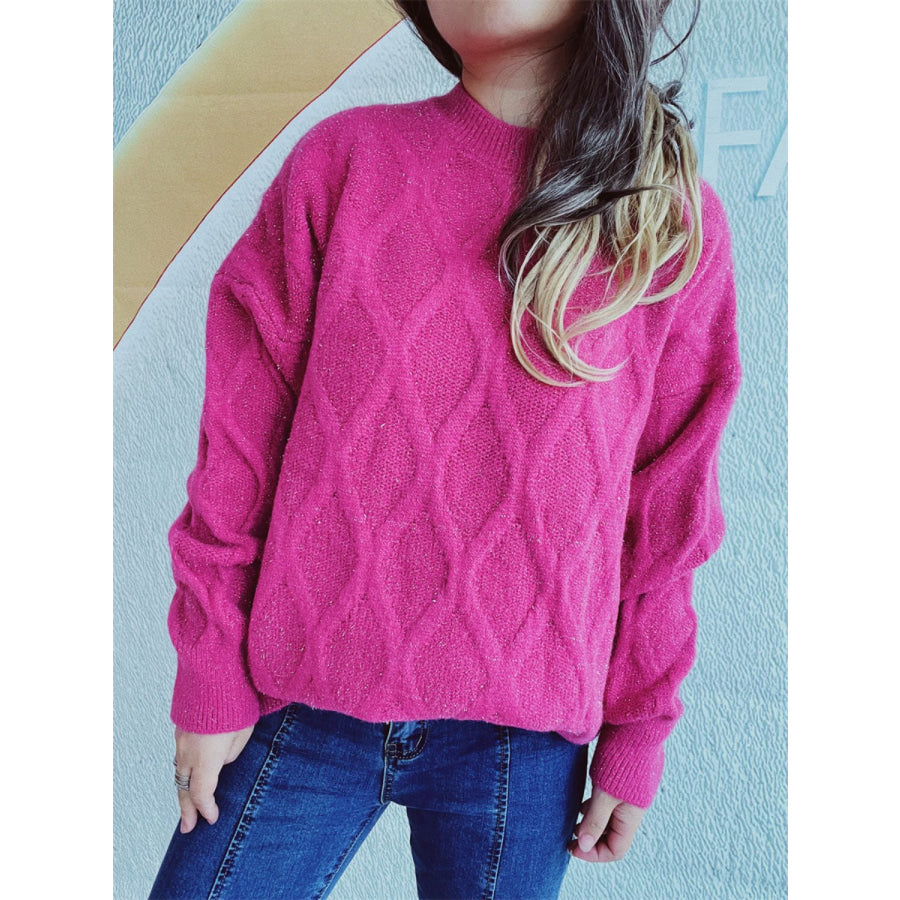 Diamond Round Neck Long Sleeve Sweater Hot Pink / One Size Apparel and Accessories