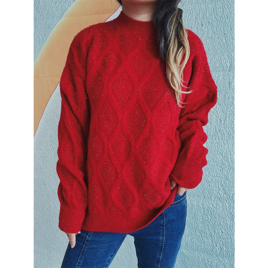 Diamond Round Neck Long Sleeve Sweater Orange-Red / One Size Apparel and Accessories