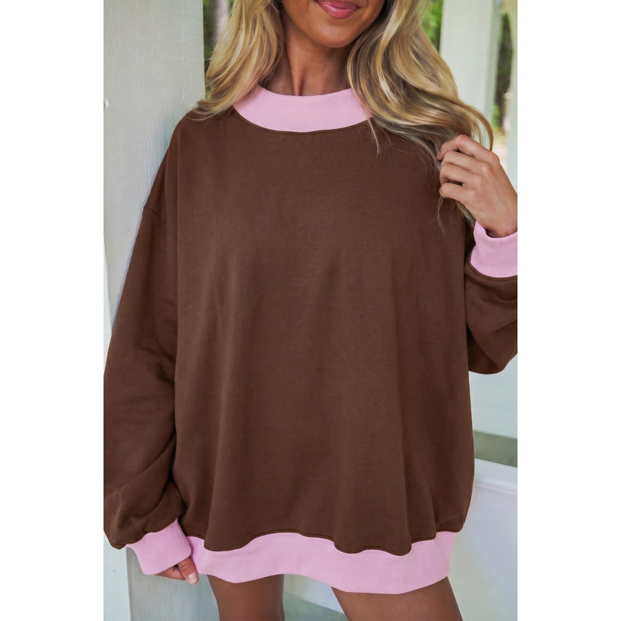 Dirty blue Colorblock Trim Crewneck Long Sleeve Pullover Sweatshirt Tops/Sweatshirts & Hoodies