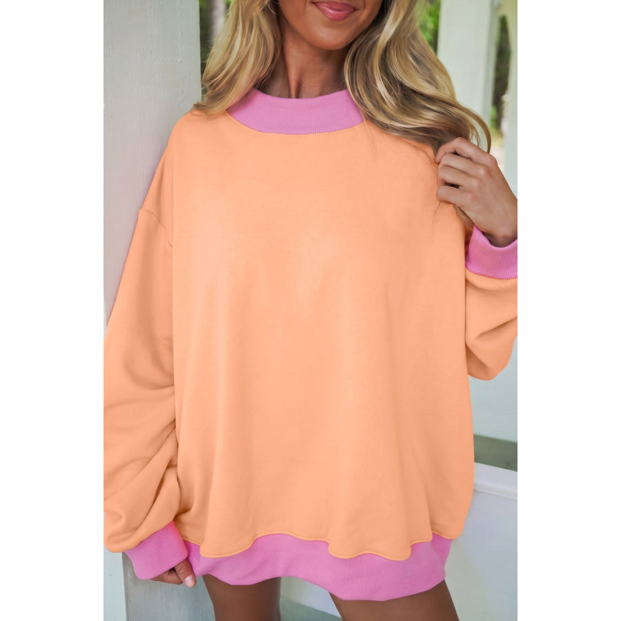 Dirty blue Colorblock Trim Crewneck Long Sleeve Pullover Sweatshirt Tops/Sweatshirts & Hoodies
