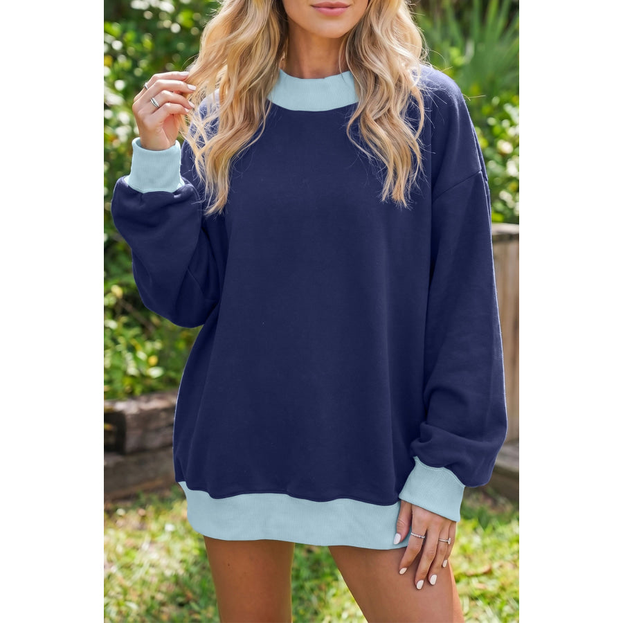 Dirty blue Colorblock Trim Crewneck Long Sleeve Pullover Sweatshirt Tops/Sweatshirts & Hoodies