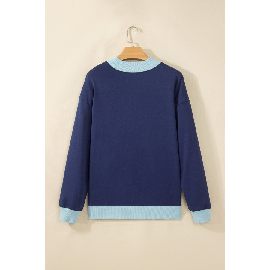 Dirty blue Colorblock Trim Crewneck Long Sleeve Pullover Sweatshirt Tops/Sweatshirts & Hoodies