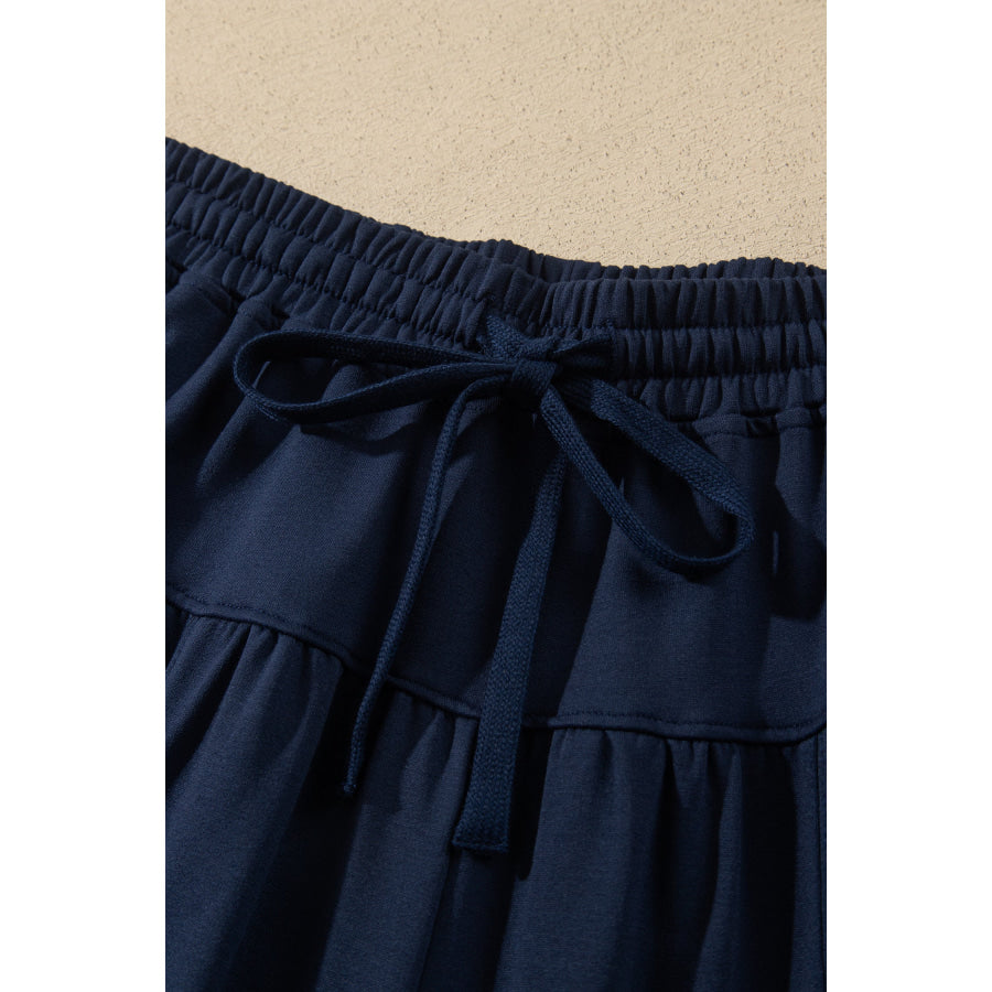 Dirty blue Elastic Waist Drawstring Wide Leg Full Length Pants Bottoms/Pants & Culotte