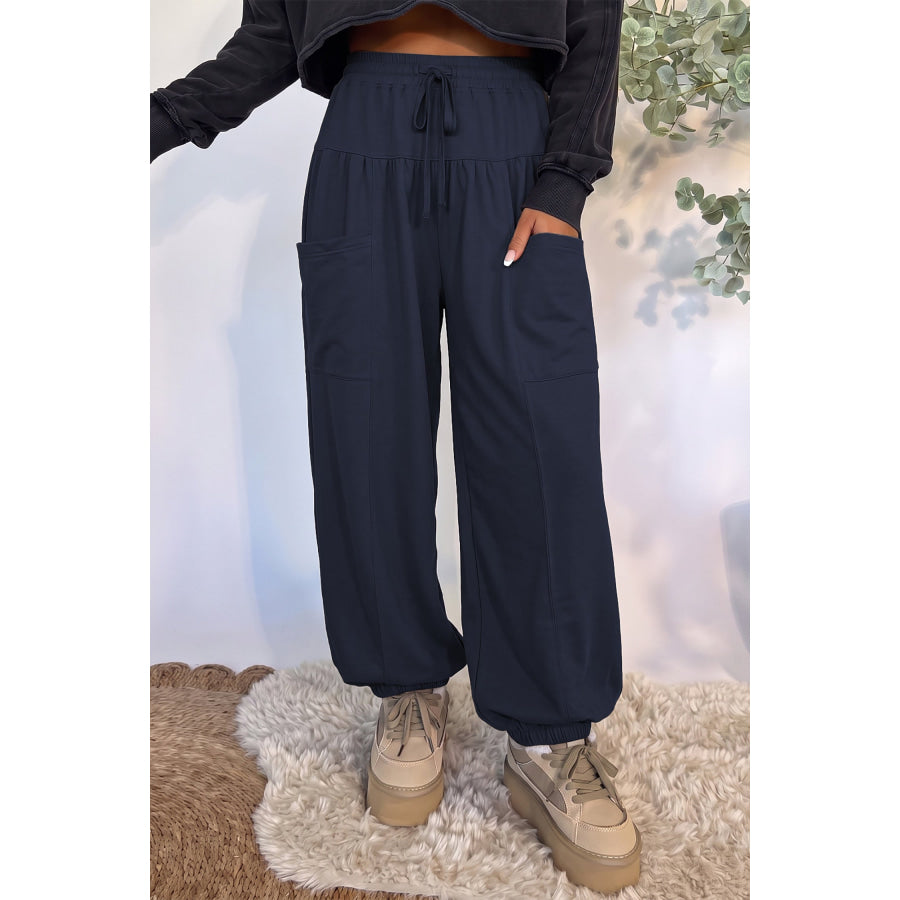 Dirty blue Elastic Waist Drawstring Wide Leg Full Length Pants Bottoms/Pants & Culotte