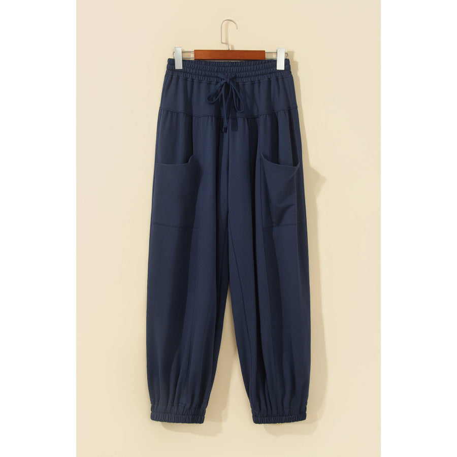 Dirty blue Elastic Waist Drawstring Wide Leg Full Length Pants Bottoms/Pants & Culotte