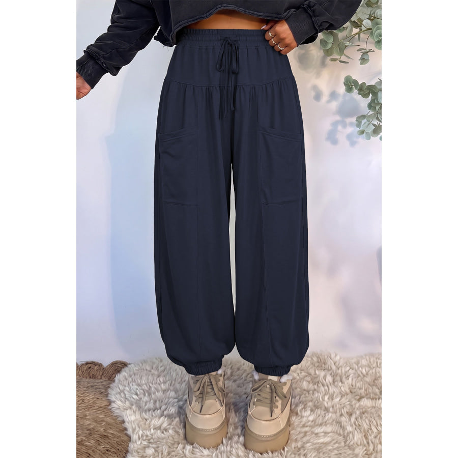 Dirty blue Elastic Waist Drawstring Wide Leg Full Length Pants Bottoms/Pants & Culotte