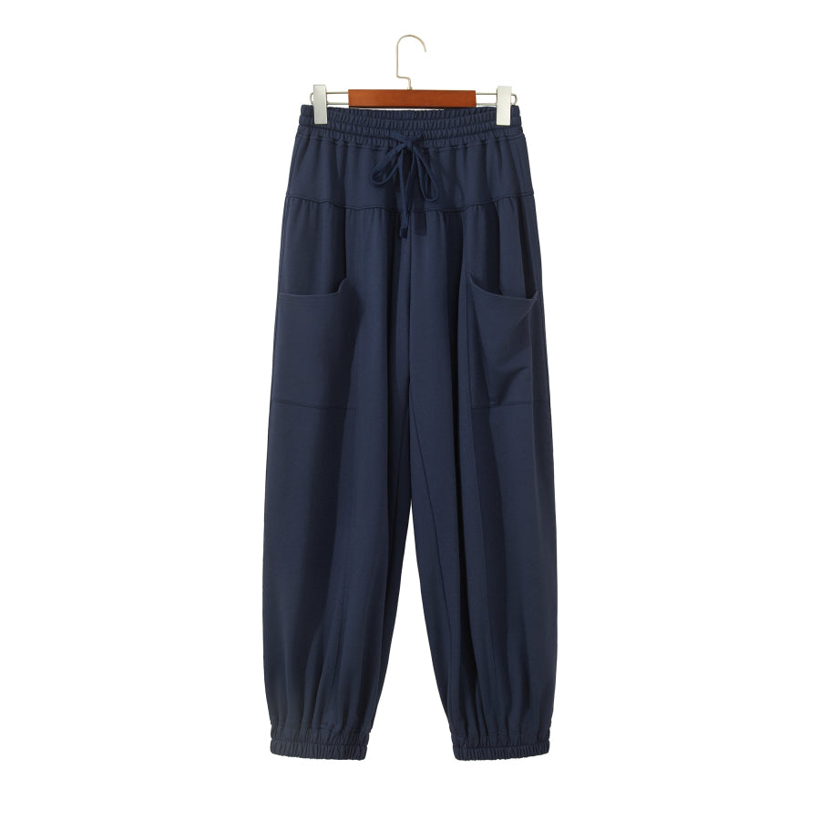 Dirty blue Elastic Waist Drawstring Wide Leg Full Length Pants Bottoms/Pants & Culotte