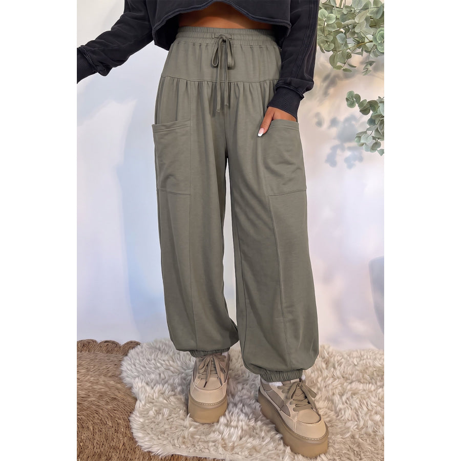 Dirty blue Elastic Waist Drawstring Wide Leg Full Length Pants Bottoms/Pants & Culotte